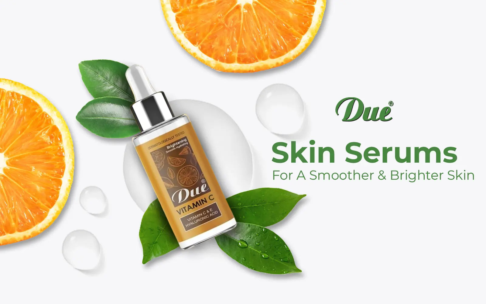 Skincare serum bottle with oranges and leaves on a white background, featuring the brand 'Due'.