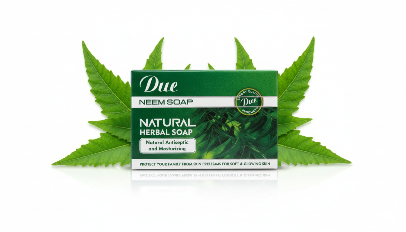 Due Neem Soap bar with green leaves on a white background