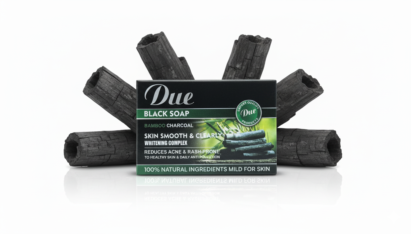 Black soap bars with packaging labeled 'Due' on a white background